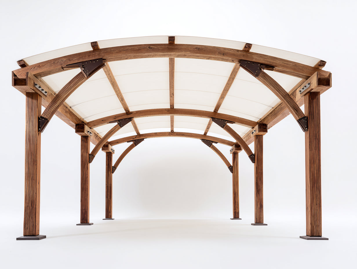 Pergola da giardino - Legno lamellare-Policarbonato - 620 x 380 x 295 cm - Marrone teak-Bianco opalino - Design contemporaneo ad arco