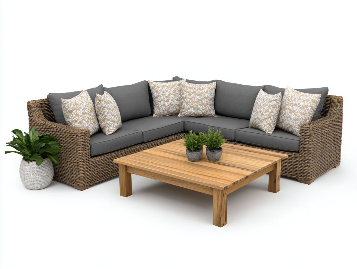 Divani da esterno - polyrattan-tessuto-legno - 248 x 248 x 80 cm - marrone scuro-grigio antracite-legno naturale - stile contemporaneo