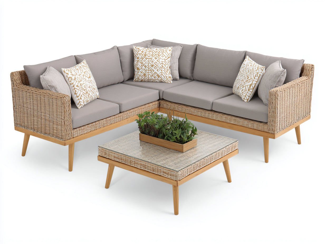 Divani da esterno - polyrattan-tessuto-legno-vetro - 228 x 228 x 78 cm - beige-grigio tortora-legno naturale - stile moderno