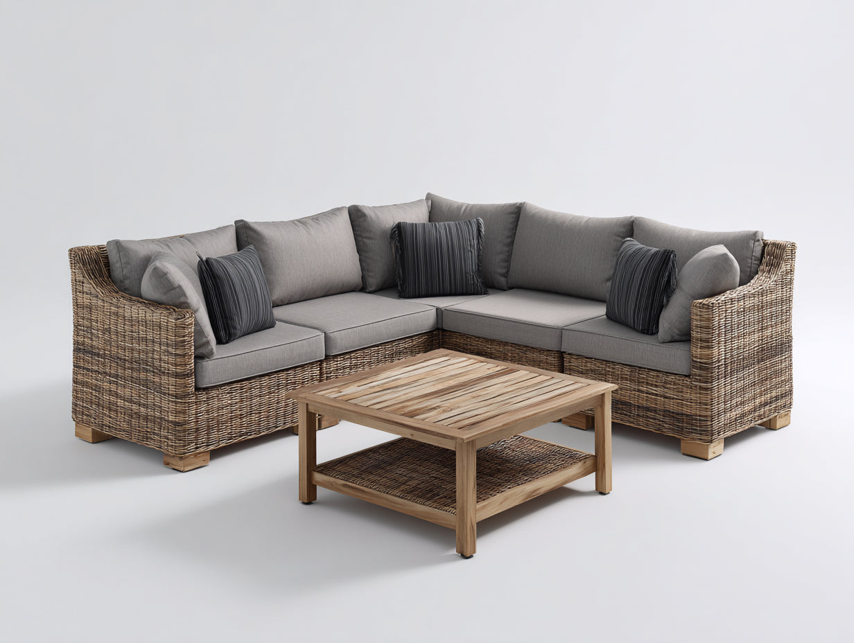 Divani da esterno - fibra intrecciata-tessuto-legno - 240 x 240 x 80 cm - marrone naturale-grigio medio-legno naturale - stile contemporaneo