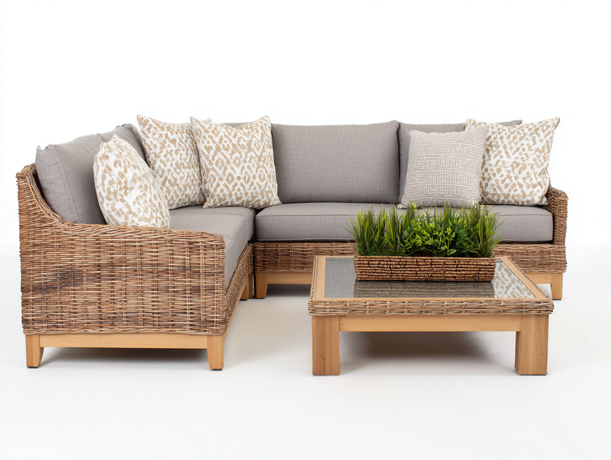 Divani da esterno - polyrattan-tessuto-vetro - 245 x 185 x 79 cm - marrone naturale-grigio chiaro-legno naturale - stile contemporaneo