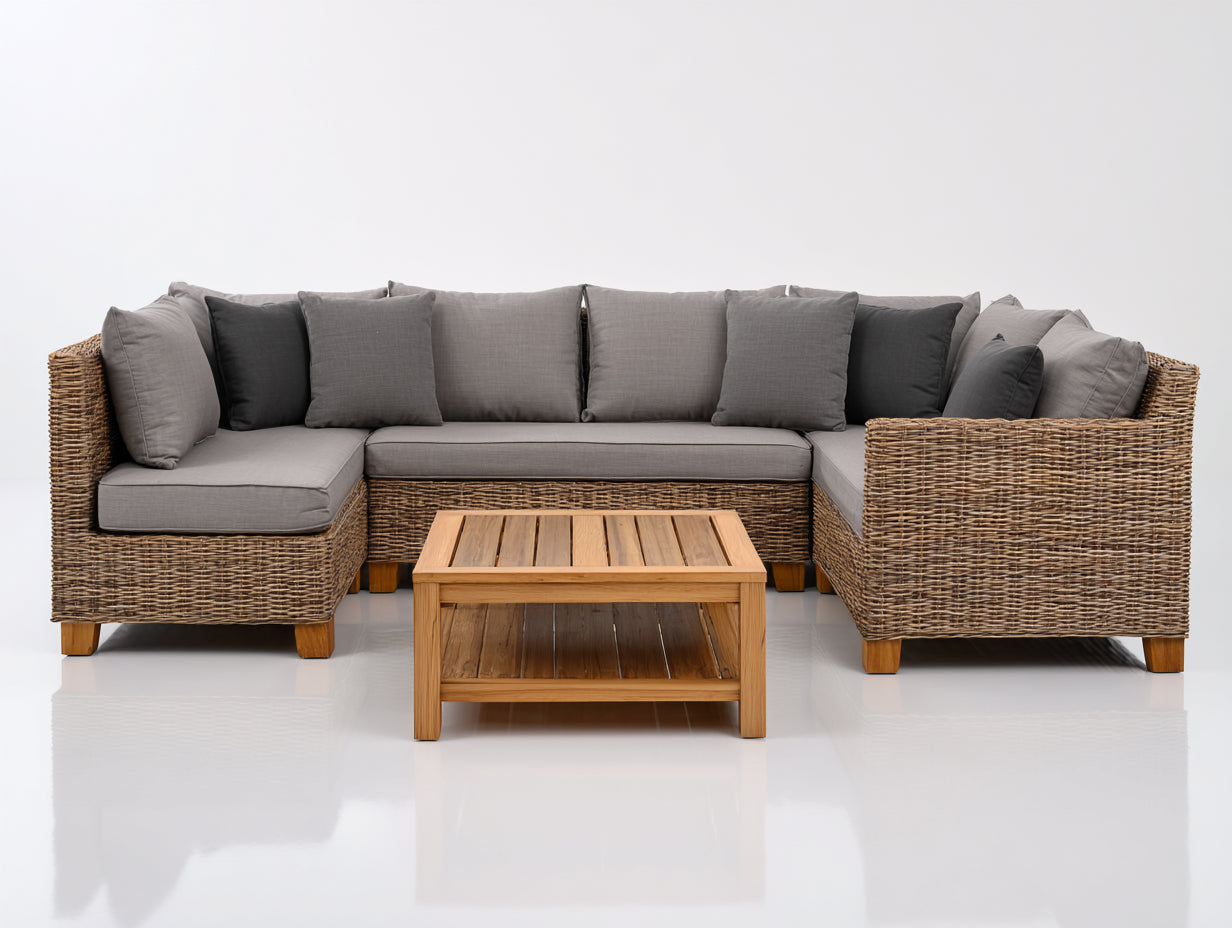 Divani da esterno - fibra intrecciata-tessuto-legno - 260 x 190 x 79 cm - marrone naturale-grigio tortora-legno naturale - stile contemporaneo