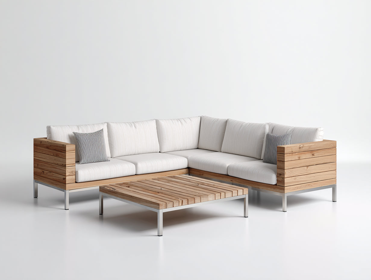 Divani da esterno - legno-metallo-tessuto - 230 x 230 x 78 cm - legno naturale-avorio-grigio chiaro - stile minimalista