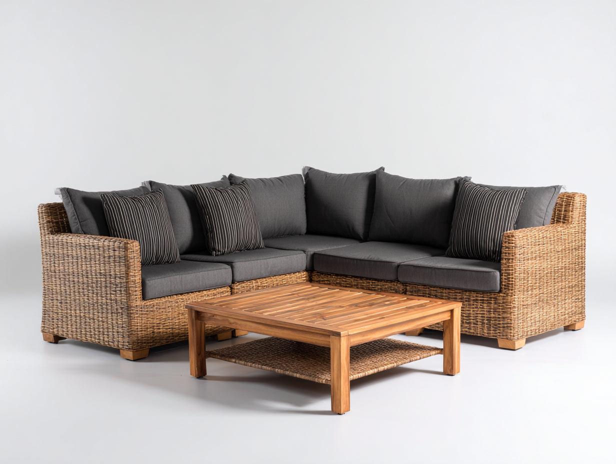 Divani da esterno - fibra intrecciata-tessuto-legno - 240 x 240 x 80 cm - marrone naturale-grigio antracite-legno naturale - stile contemporaneo