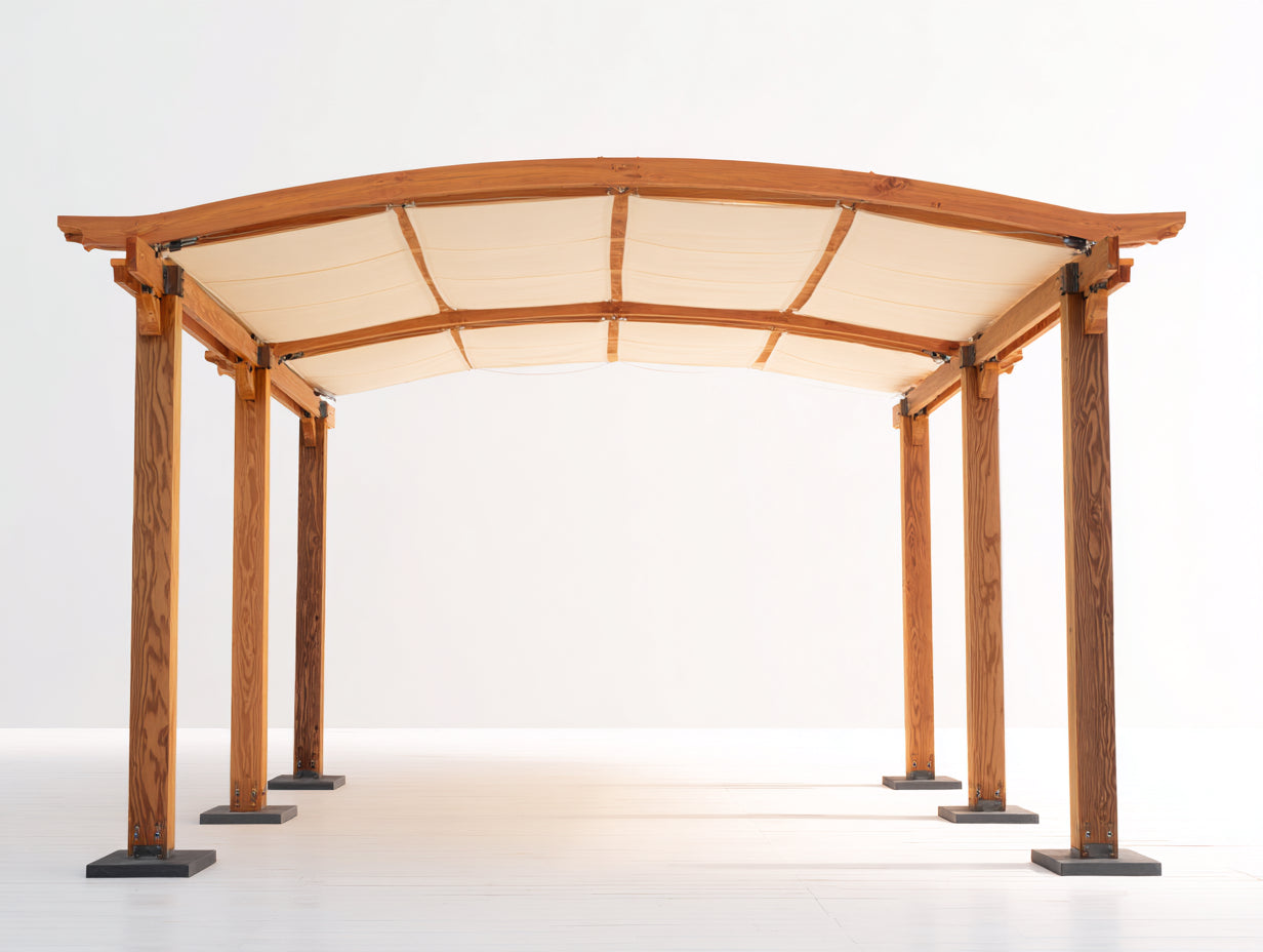 Pergola da giardino - Legno massello-Poliestere - 550 x 360 x 290 cm - Marrone miele-Beige - Design moderno con copertura arcuata