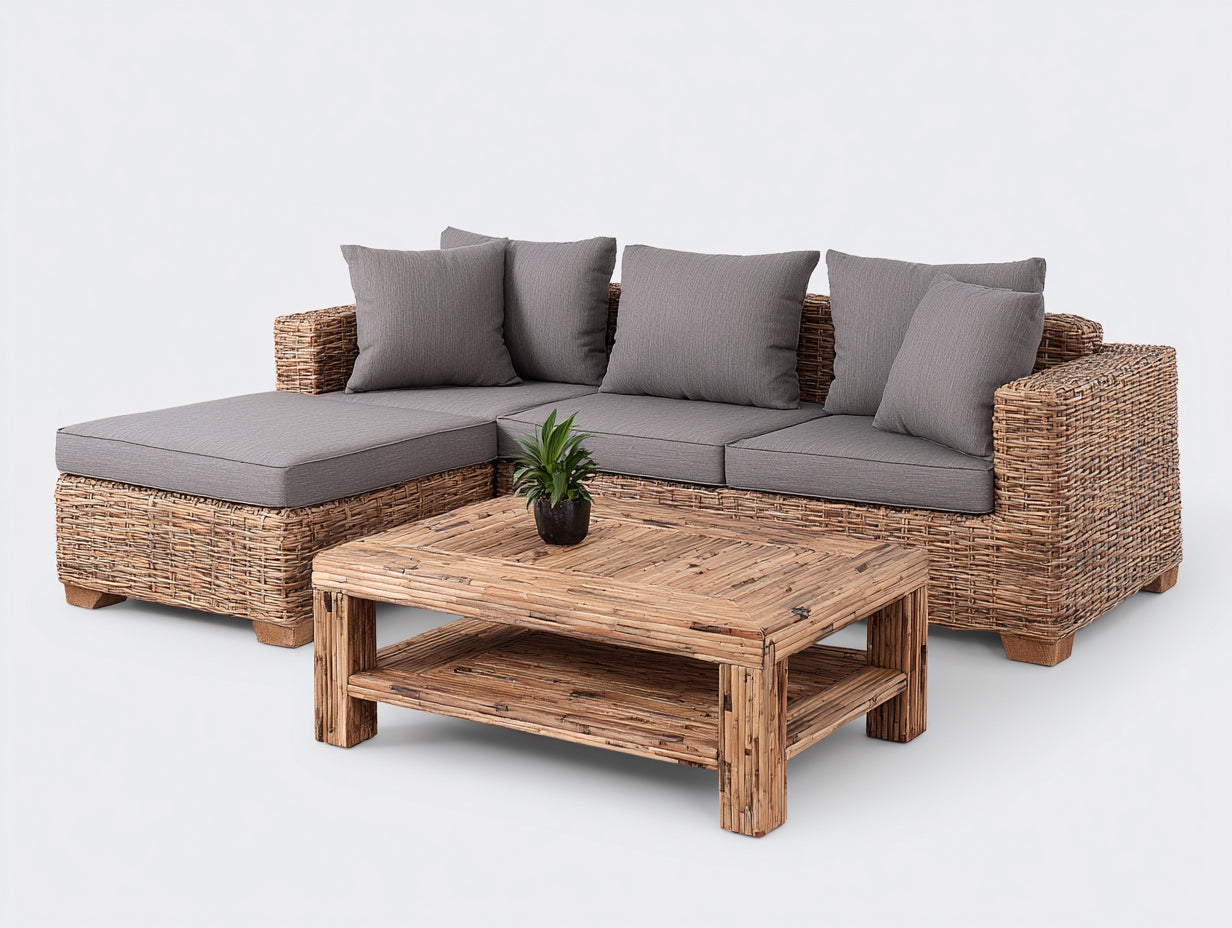 Divani da esterno - fibra intrecciata-tessuto - 235 x 165 x 78 cm - marrone naturale-grigio tortora - stile rustico contemporaneo