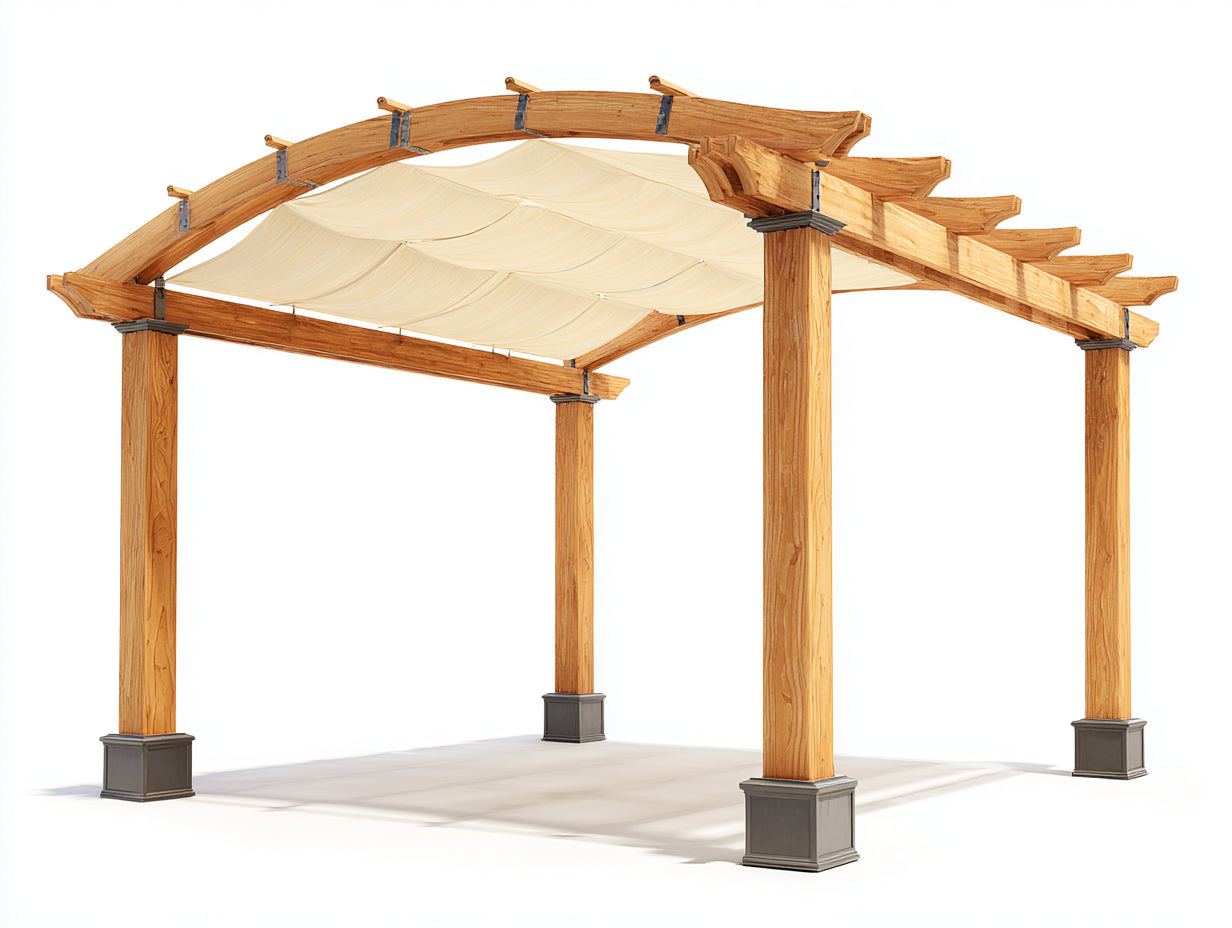 Pergola da giardino - Legno massello-Poliestere - 480 x 350 x 285 cm - Marrone miele-Beige - Stile mediterraneo con copertura ondulata