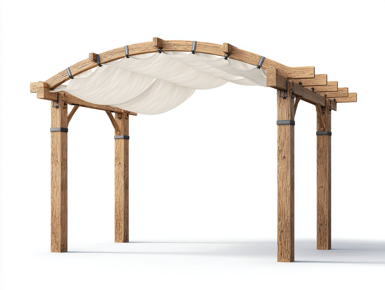 Pergola da giardino - Legno massello-Poliestere - 420 x 330 x 275 cm - Rovere naturale-Bianco crema - Stile rustico con copertura ondulata