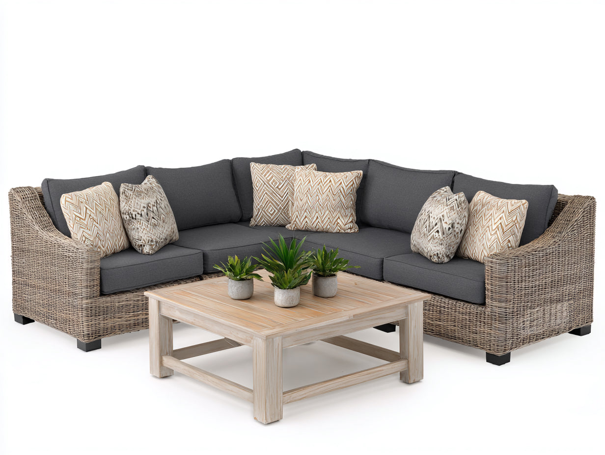 Divani da esterno - polyrattan-tessuto-legno - 250 x 250 x 80 cm - tortora-grigio antracite-legno sbiancato - stile contemporaneo